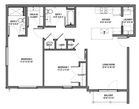 Floor plan for 2 beds, 2 baths, 986 sqft